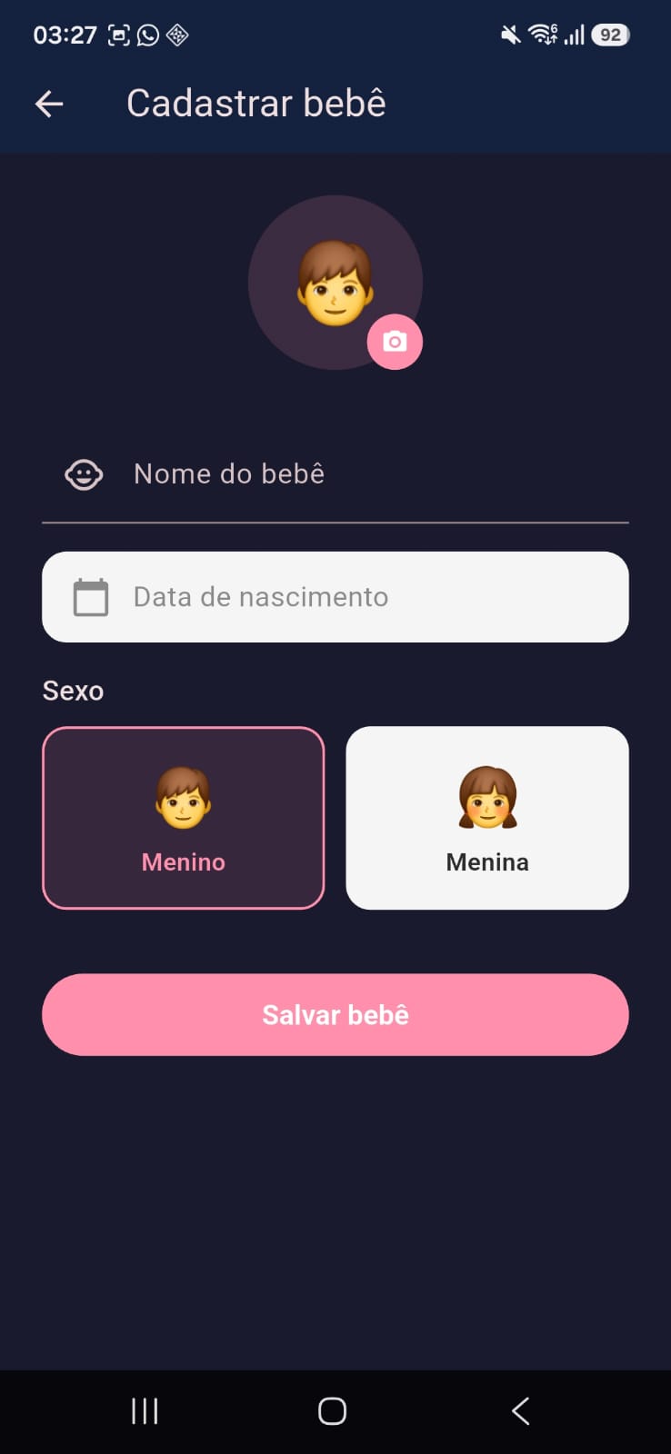 Tela de cadastro de bebê