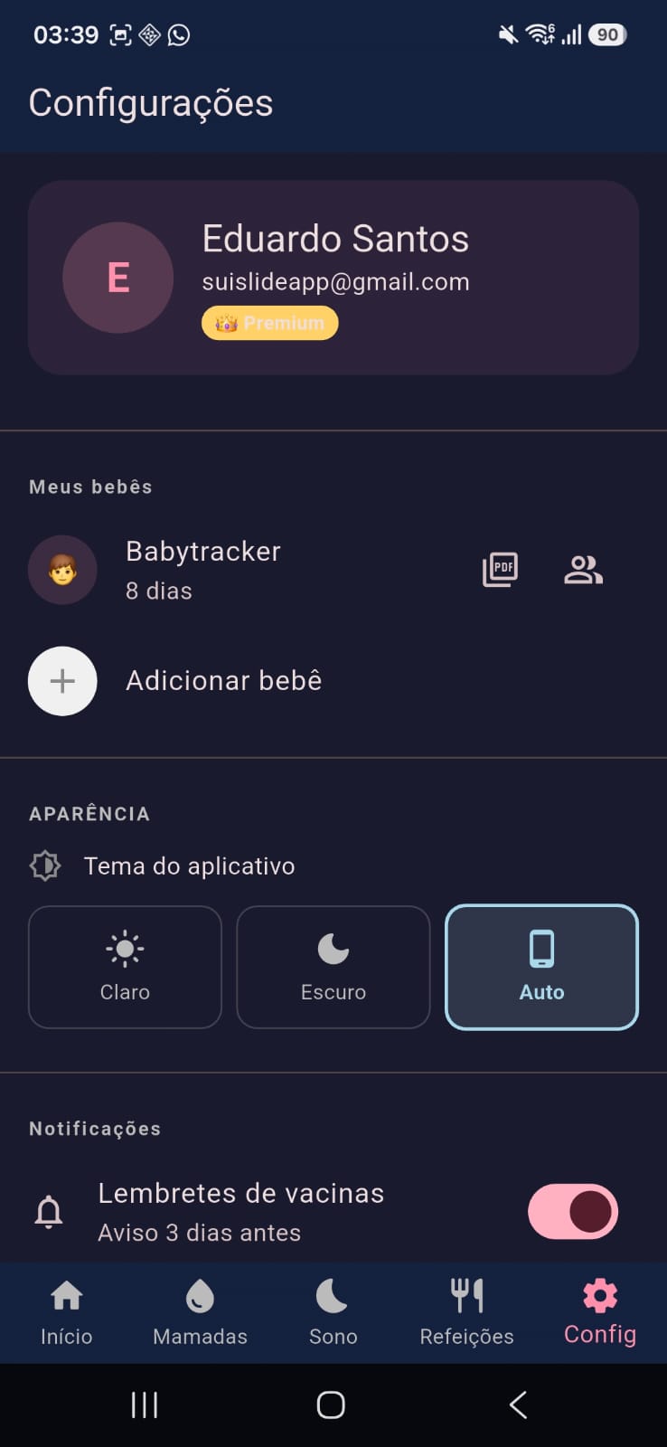 Tela de Configurações com a lista de bebês