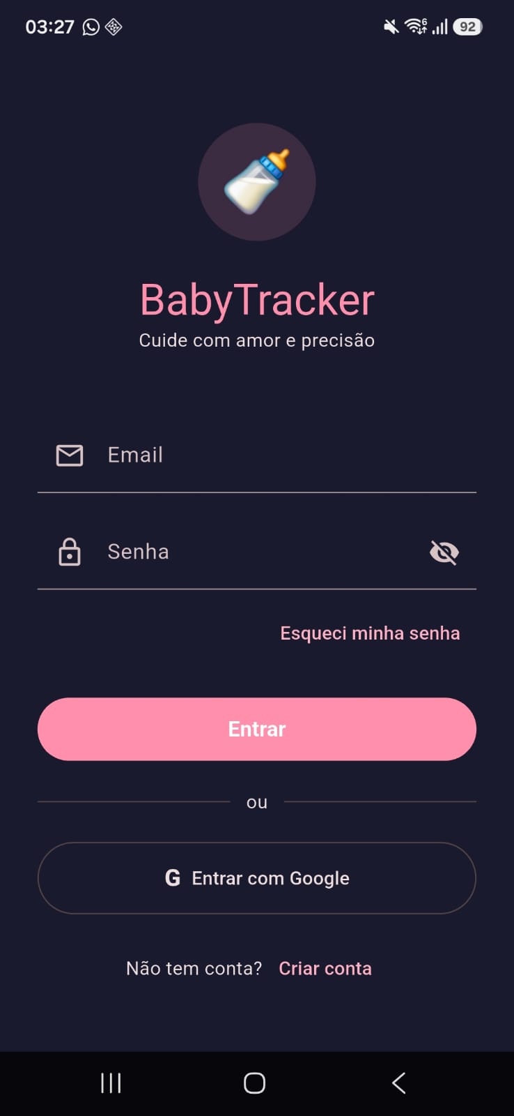 Tela de login do BabyTracker