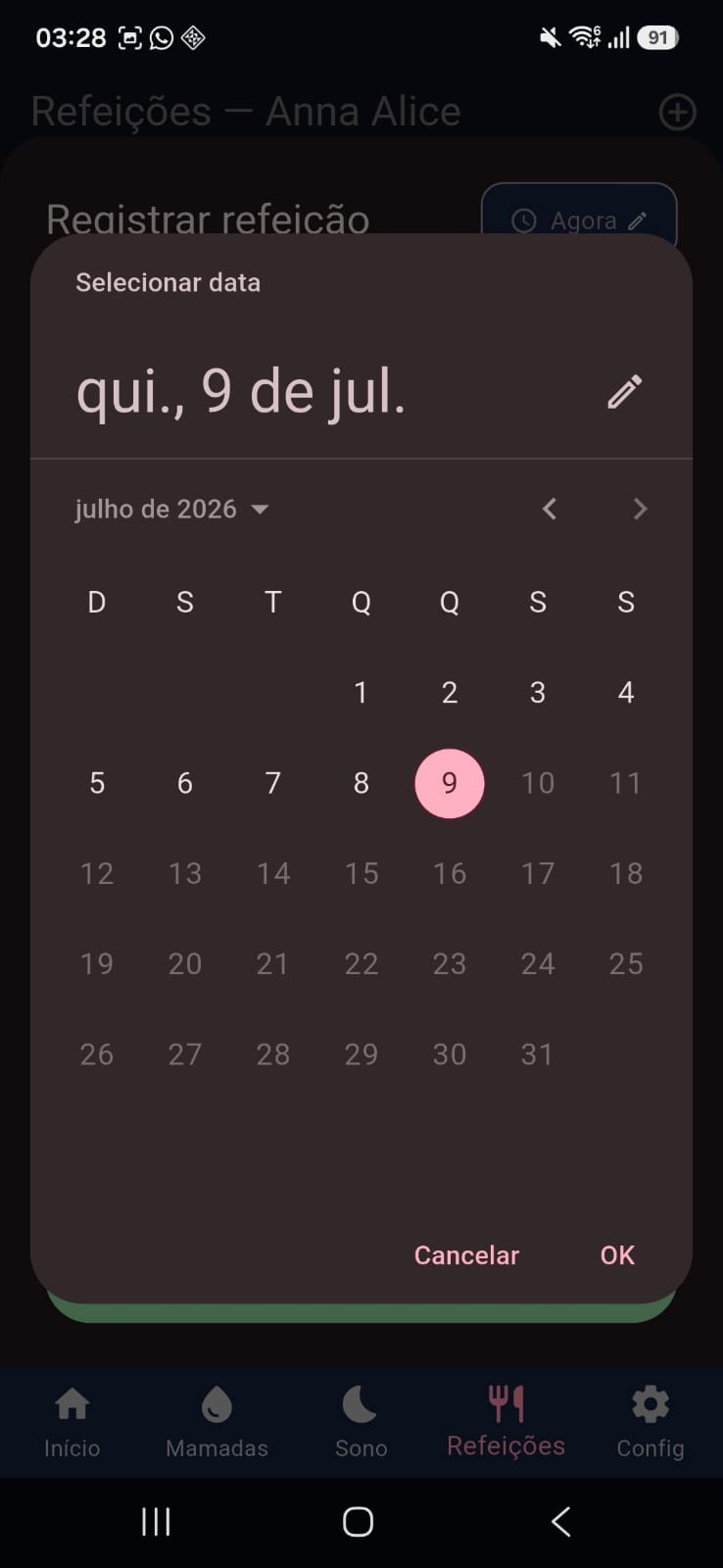 Seletor de data ao registrar refeição