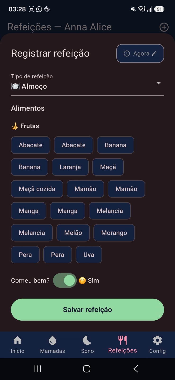 Formulário de registro de refeição com lista de alimentos
